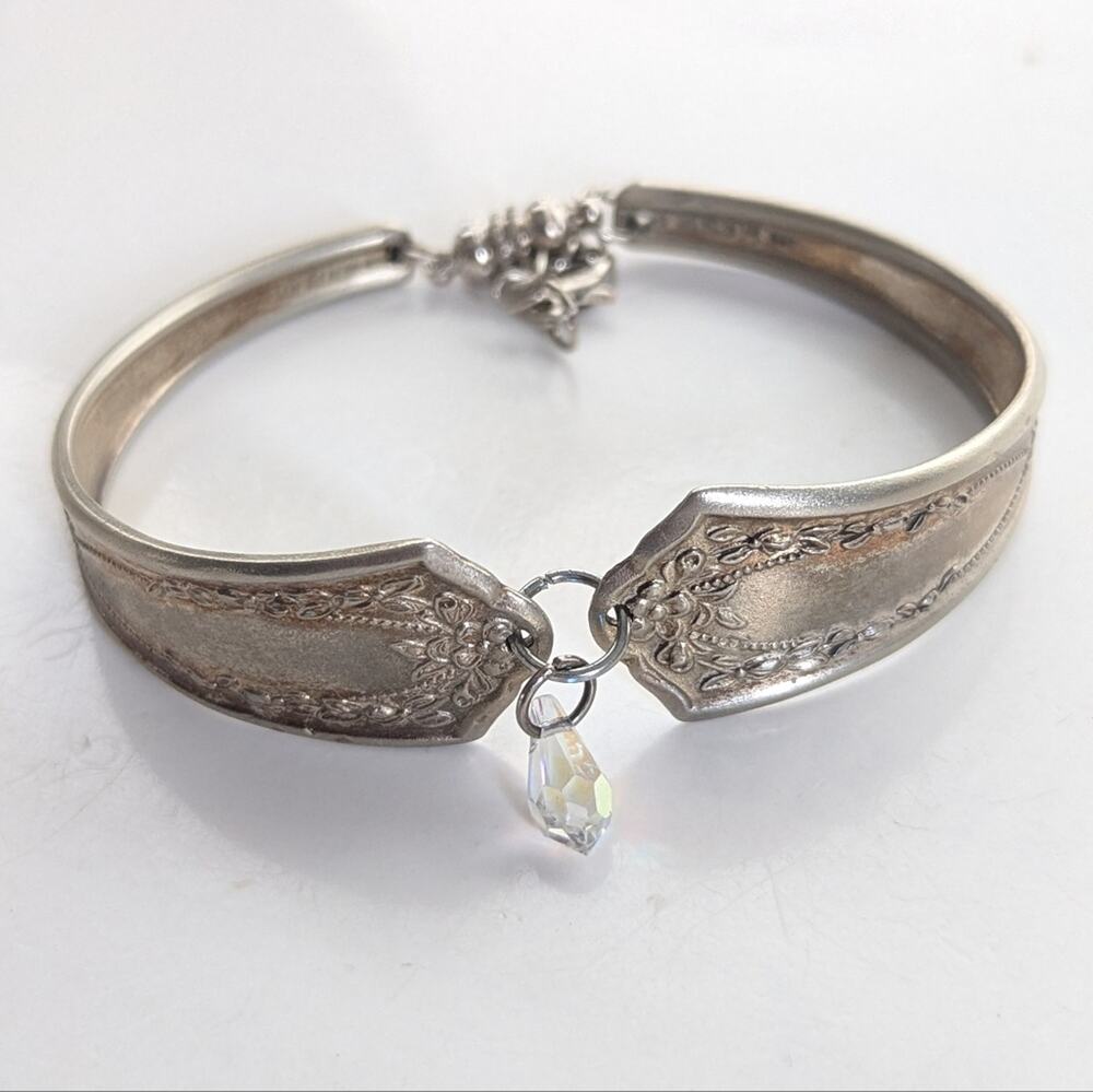 Vintage Silver Plated Unique Spoon Handle Cuff Crystal Beaded Charm Bracelet